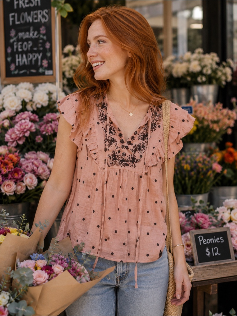mine Blush Pink Polka Dot Ruffle Sleeve Embroidered V-Neck Top
